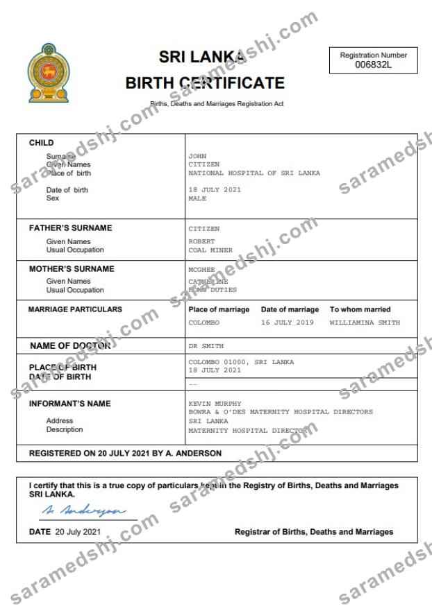 Sri Lanka vital record birth certificate Word and PDF template